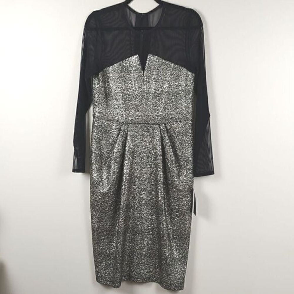 Shoshanna Midnight Sheer Top and Sleeves Stretch Knit Silver Shimmer Dress NWT